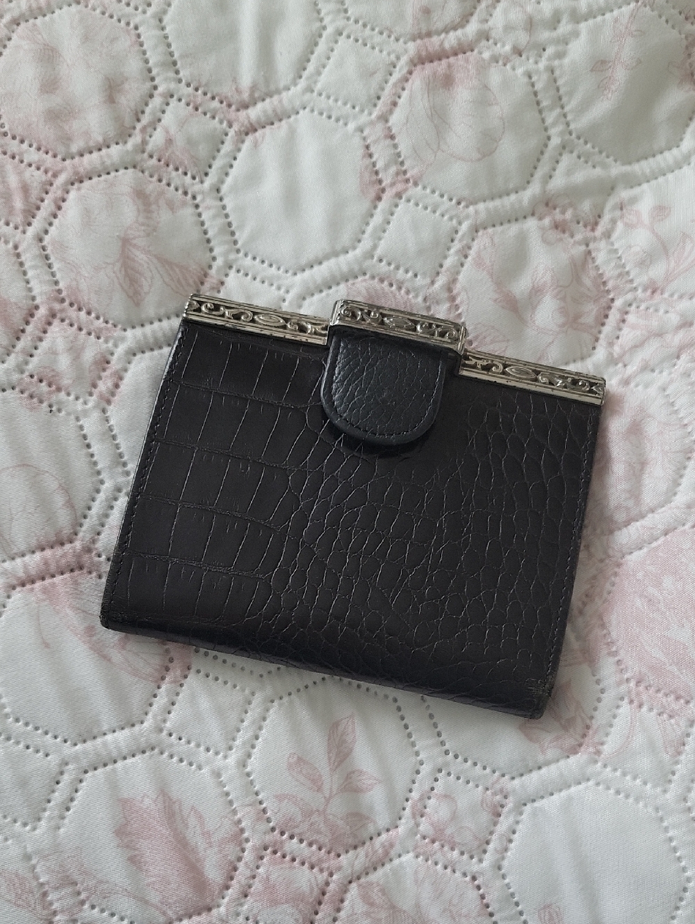 Brighton Black Croc-Texture Wallet with Ornate Silver Trim